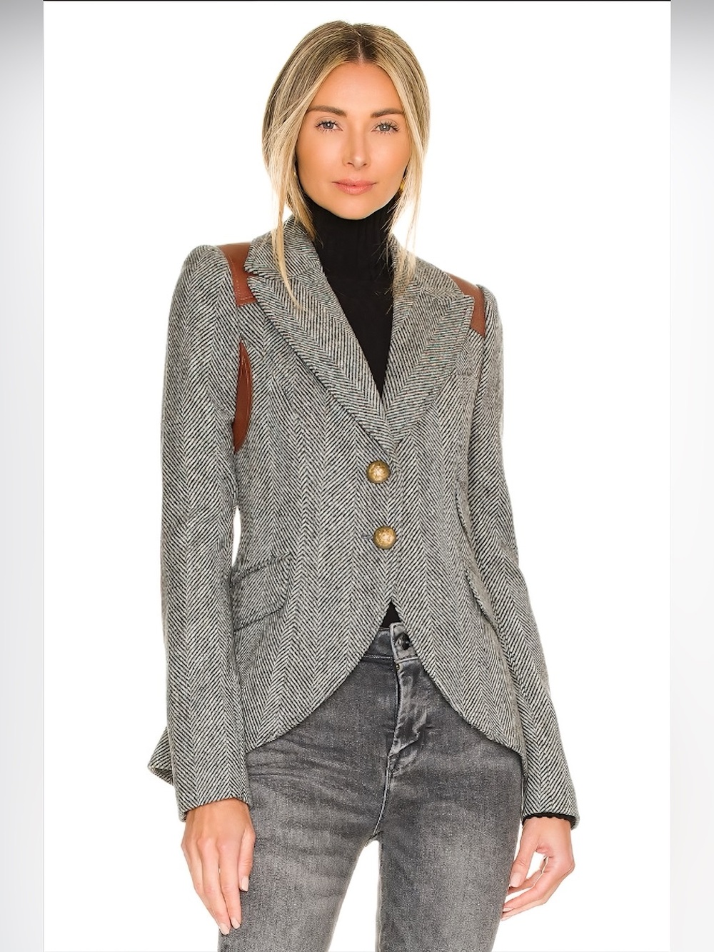 Smythe Rifle-Patch Equestrian Blazer Grey Herringbone 2 XS - Picture 2 of 12